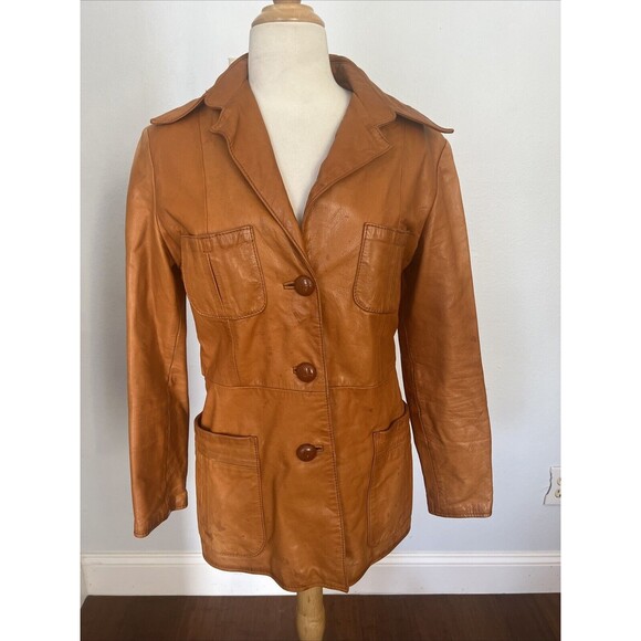 VINTAGE 70'S Crae Caryle San Francisco Leather Three Button Blazer Jacket S‎ - Picture 1 of 15
